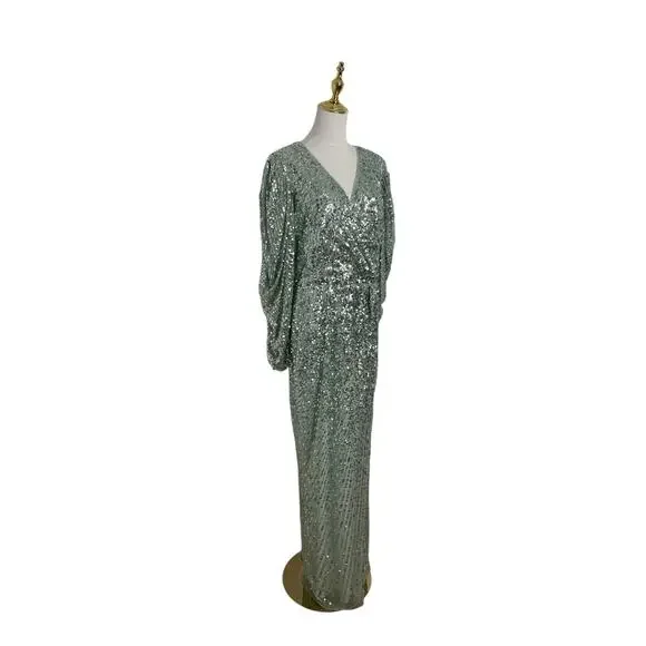 Mac Duggal 5638 Seafoam Green Sequins High Slit Bishop Sleeve Gown Size 12 $598 - Picture 3 of 6